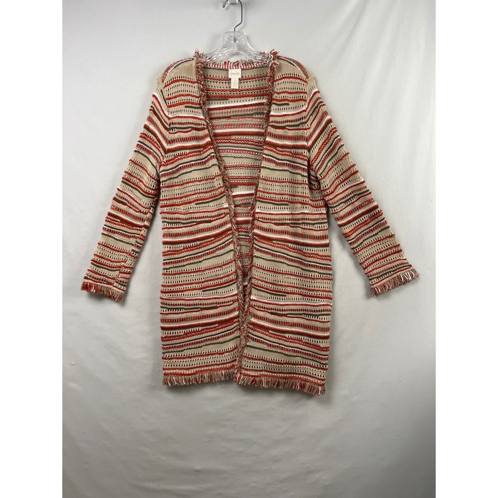 Chico's 1 Longline Cardigan Womens Medium Multicolor Striped Fringe Open Knit